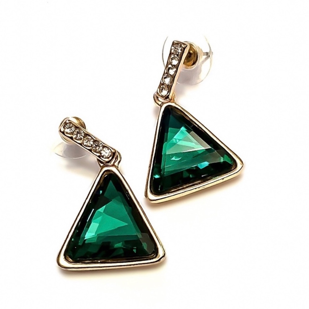 Gold Tone Emerald Green Crystal Earrings